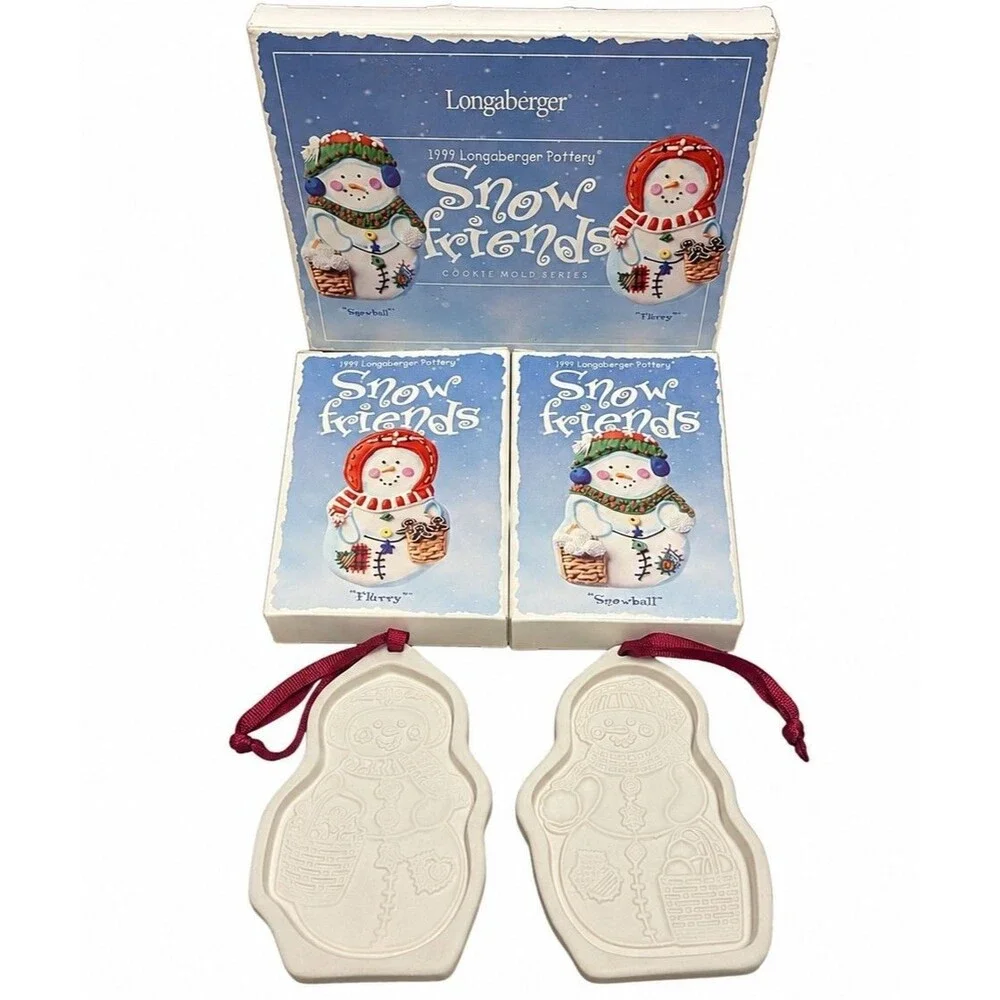 Longaberger 1999 Snow Friends Pottery Cookie Mold Set Flurry Snowball w/ Boxes